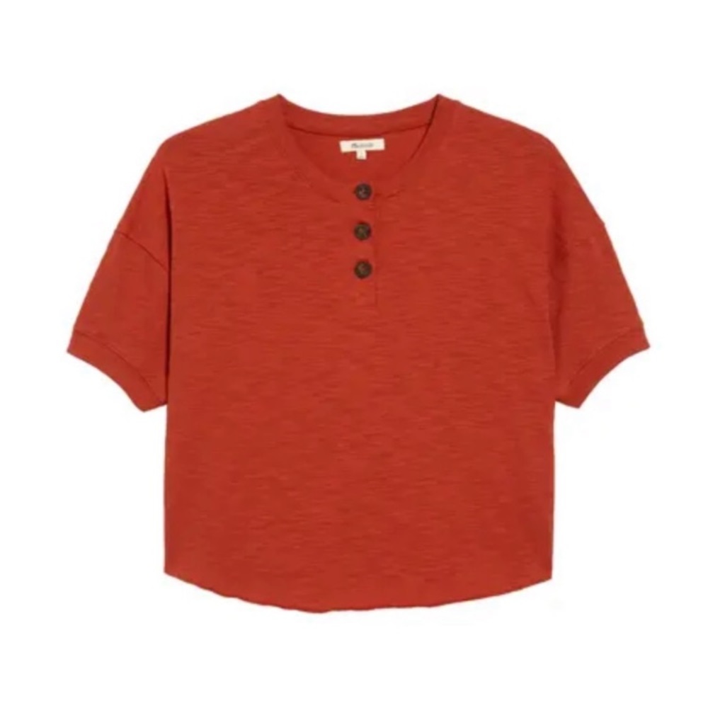 (A7) Madewell‎ raw edge Henley tee, Burnt Orange/Rust in color, Size Small